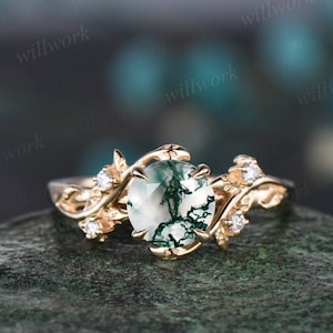 Runder Schnitt grüner Moosachat Ring Vintage Gelbgold Blatt Natur inspiriert einzigartiger Verlobungsring Fünfstein Diamant Braut Ehering Frauen