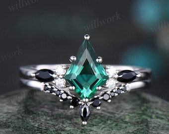 Kite emerald ring 6 prong emerald engagement ring set solid 14k white gold marquise black stone ring set women bridal set jewelry