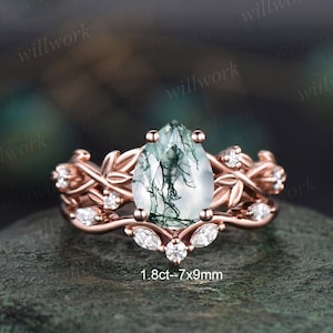 Anillo de compromiso de ágata musgosa en forma de pera con forma de ramita, oro rosa, rama de cinco hojas de piedra, anillo inspirado en la naturaleza, anillo de boda con diamantes, joyería para mujer