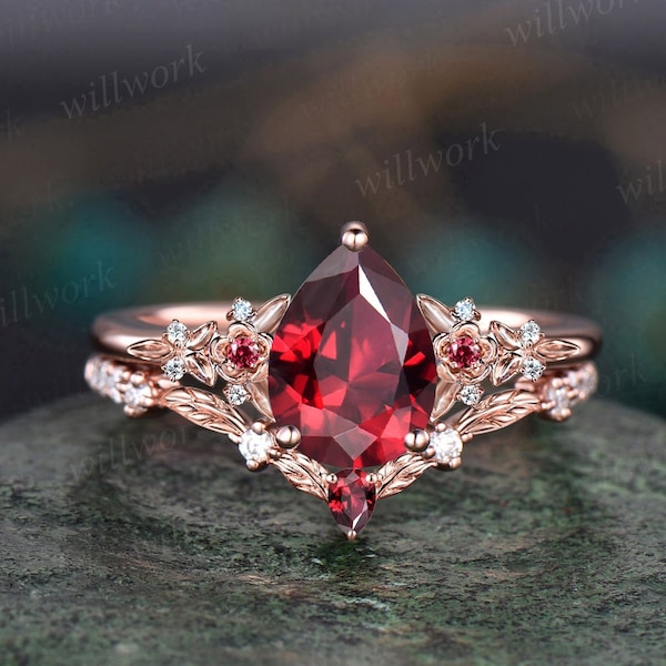 bague de fiançailles rubis rouge poire vintage solide 14 carats en or rose brindille feuille floral antique unique grappe de diamants bague de mariage nuptiale ensemble cadeau femme