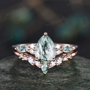 Vintage pear shaped green moss agate engagement ring set 14k rose gold art deco dainty diamond ring unique bridal wedding ring set women