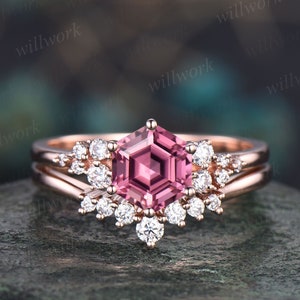 Hexagon cut natural pink tourmaline ring rose gold unique engagement ring set women snowdrift diamond ring 6 prong bridal wedding ring set