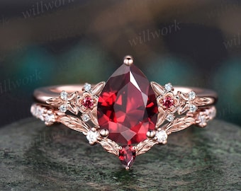 Vintage pear red ruby engagement ring solid 14k rose gold twig leaf floral antique unique cluster diamond bridal wedding ring set women gift