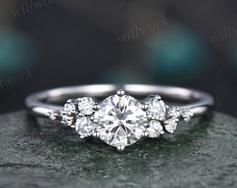 Round moissanite ring vintage moissanite engagement ring white gold unique snowdrift 6 prong engagement ring diamond wedding ring for women