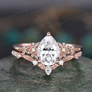 Vintage pear moissanite engagement ring rose gold leaf flower nature inspired ring women unique cluster diamond bridal wedding ring set
