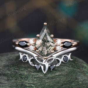 kite cut green moss agate engagement ring set art deco solid 14k rose gold vintage moissanite ring wwomen black diamond wedding ring band