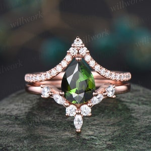 Pear shaped green tourmaline engagement ring set 14k rose gold V shaped art deco diamond ring unique promise wedding ring set women jewelry