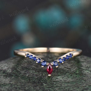 Curved ruby sapphire wedding band solid 14k yellow gold matching stacking ring dainty bridal anniversary ring band women