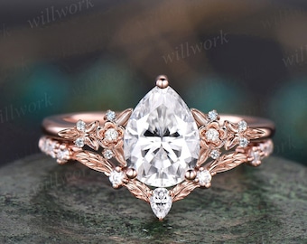 Vintage pear moissanite engagement ring rose gold leaf flower nature inspired ring women unique cluster diamond bridal wedding ring set