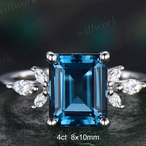 4ct Emerald cut London blue topaz engagement ring 14k white gold marquise cut diamond ring women shops unique anniversary wedding promise ring