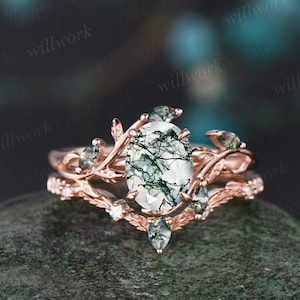 Vintage oval cut green moss agate engagement ring rose gold art deco cluster leaf nature inspired bridal promise wedding ring set women 2pc ring set