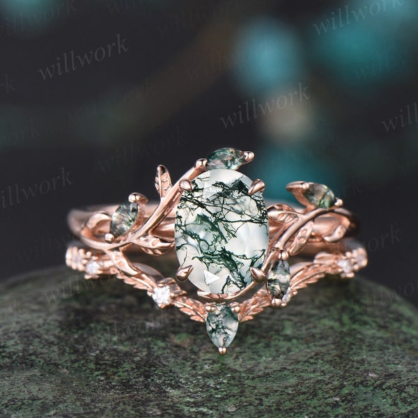 Vintage oval cut green moss agate engagement ring rose gold art deco cluster leaf nature inspired bridal promise wedding ring set women