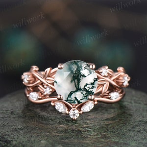 2ct Twig round cut green moss agate engagement ring set 14k rose gold five stone leaf branch Nature inspired diamond wedding ring set women