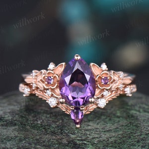 Vintage pear purple amethyst engagement ring rose gold twig leaf floral antique unique cluster diamond bridal wedding ring set women gift
