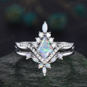 Kite cut white opal engagement ring set art deco 14k white gold halo marquise cut opal ring set twisted moissanite bridal ring set for women