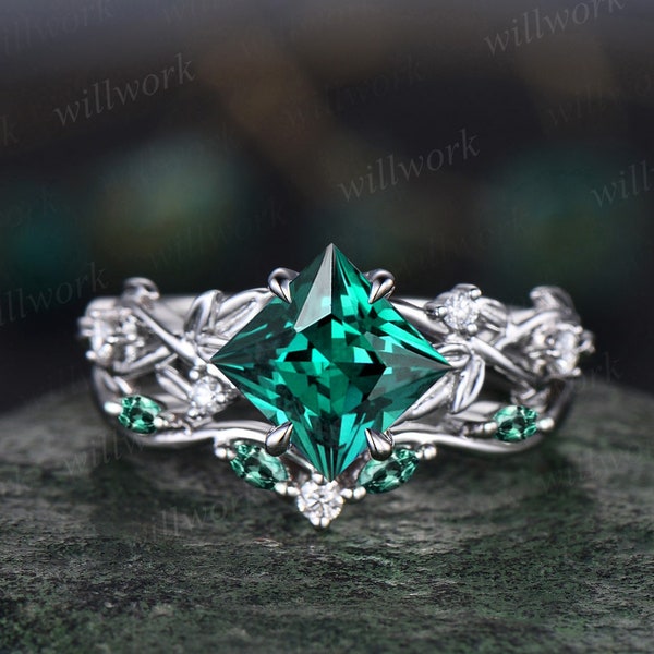 Princess cut green emerald engagement ring set 14k white gold five stone leaf branch Nature inspired ring diamond bridal ring set women gift