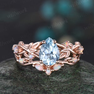 Birnenförmiger Aquamarin-Verlobungsring solides 14K Roségold Blattnatur inspirierter Opalring Frauen antikes Brauthochzeitsring-Schmuckset