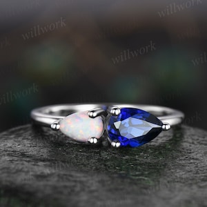 Two stone pear sapphire ring white gold white opal ring vintage Minimalist unique engagement ring dainty gemstone anniversary ring women