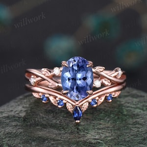 Vintage oval natural Tanzanite engagement ring art deco five stone leaf diamond ring 14k rose gold sapphire wedding ring band bridal set