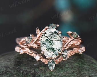 Vintage oval cut green moss agate engagement ring rose gold art deco cluster leaf nature inspired bridal promise wedding ring set women