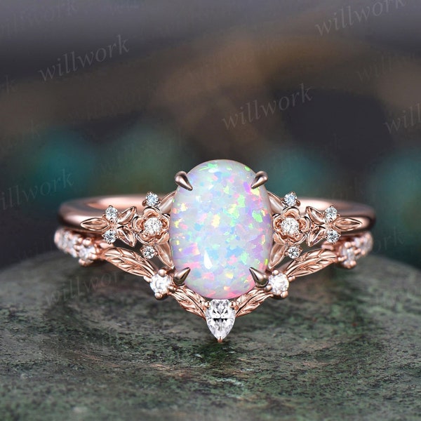 Vintage oval white opal engagement ring solid 14k rose gold leaf floral nature inspired diamond ring women unique bridal wedding ring set
