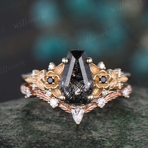 Vintage coffin cut black rutilated quartz engagement ring rose gold twig leaf floral ring unique cluster diamond bridal ring set women gift