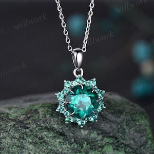 Round cut green emerald necklace white gold unique snowdrift halo emerald pendant women May birthstone jewelry gift for her
