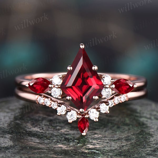 Kite cut red rubis bague fiançailles art déco or rose moissanite ring marquise cut natural rubis ring vintage mariage nuptiale set femme