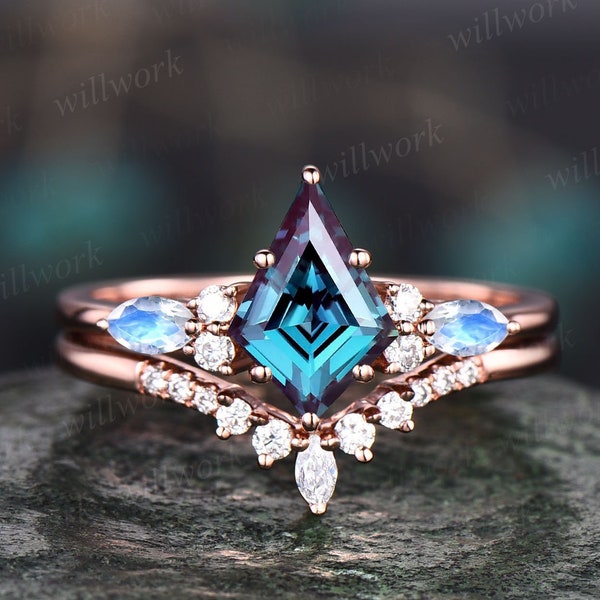 Ensemble de bagues de fiançailles en alexandrite vintage, taille cerf-volant, or rose, bague en pierre de lune taille marquise art déco, bague de mariage en moissanite pour femme