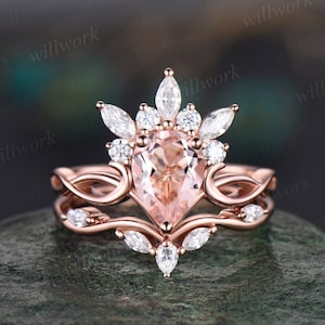 Morganite ring vintage pear shaped Morganite engagement ring set cluster rose gold ring marquise cut diamond promise  bridal ring set women