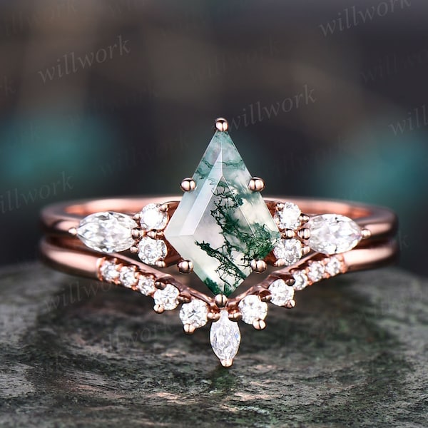 Vintage kite cut green moss agate engagement ring set 14k rose gold marquise cut moissanite ring for women unique bridal wedding ring set