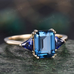 Emerald cut London blue topaz ring gold three stone Trilliant cut sapphire ring unique engagement ring 8 prong promise wedding ring women