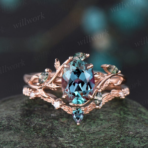 Vintage oval cut alexandrite engagement ring solid 14k rose gold art deco cluster leaf nature inspired bridal promise wedding ring set women