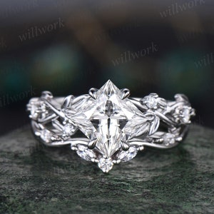 Princess cut moissanite engagement ring set 14k white gold five stone leaf branch Nature inspired ring diamond bridal ring set women gift