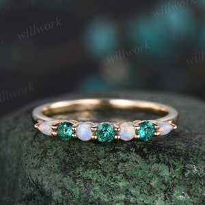 Round opal emerald wedding band solid 14k yello gold Multi-Stone rings half eternity dainty anniversary ring women gift