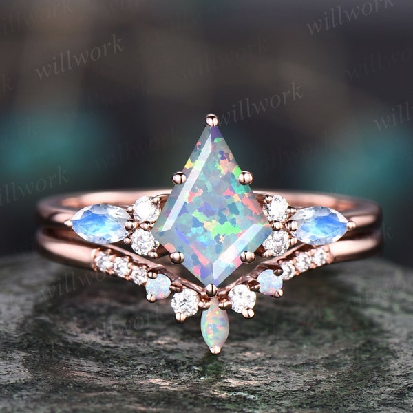 Vintage kite cut white opal engagement ring set 14k rose gold marquise cut opal moonstone ring women moissanite anniversary ring set gift