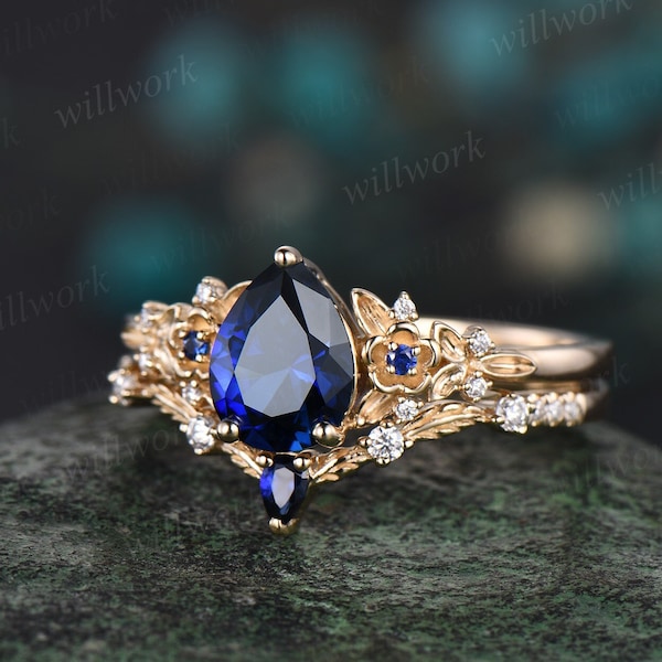 Vintage pear blue sapphire engagement ring solid 14k yellow gold twig leaf floral unique cluster diamond bridal wedding ring set women gift