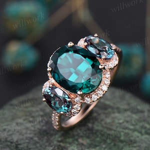 3ct oval cut emerald ring vintage emerald engagement ring solid 14k rose gold alexandrite ring halo diamond ring women unique promise ring