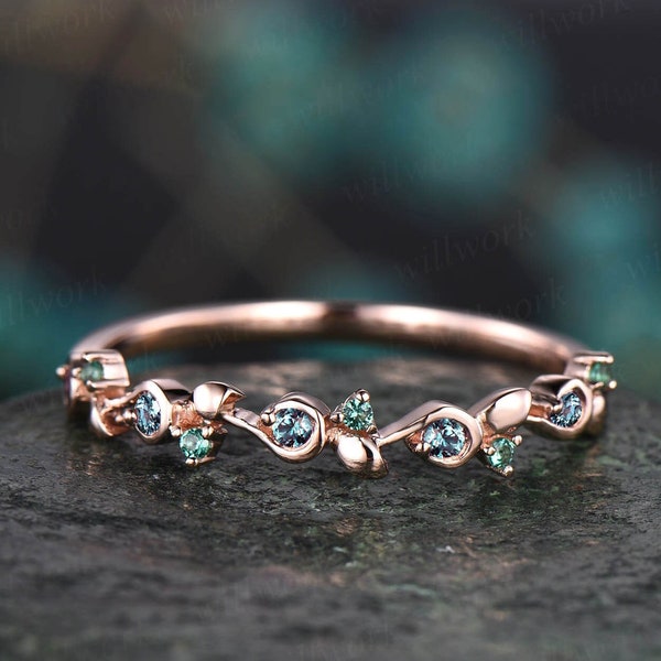 Unique emerald alexandrite wedding band leaf 14k rose gold stacking matching vintage dainty wedding ring band women anniversary ring gift