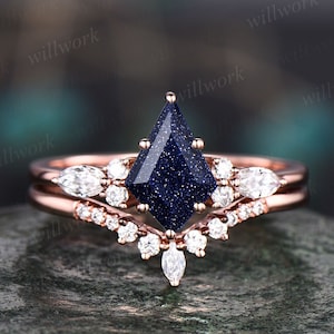 Unique kite cut blue sandstone engagement ring set 14k rose gold ring vintage marquise cut moissanite anniversary wedding ring set for women