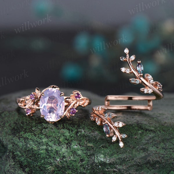 Vintage oval Lavender Amethyst engagement ring nature inspired leaf alexandrite ring rose gold wedding band enhancer bridal ring set women