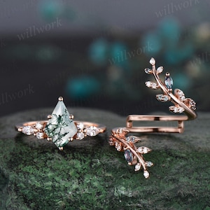 Kite cut moss agate engagement ring rose gold leaf alexandrite diamond wedding band enhancer unique anniversary bridal ring set women