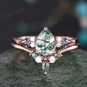 Pear green moss agate ring vintage kite alexandrite ring rose gold unique engagement ring stacking promise bridal wedding ring set women