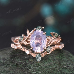 Vintage oval cut Lavender Amethyst engagement ring rose gold art deco cluster leaf nature inspired moss agate bridal wedding ring set women