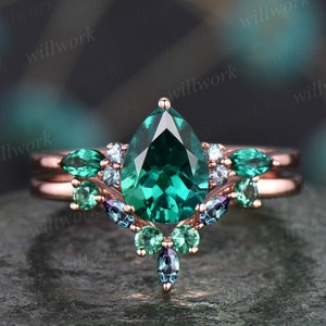 Vintage pear shaped emerald engagement ring rose gold marquise alexandrite ring green gemstone ring art deco unique wedding ring set women