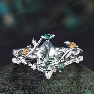 Anello di fidanzamento a forma di pera in agata muschiata naturale, smeraldo, citrino, grappolo di foglie, set di anelli per anniversario di matrimonio ispirato alla natura, regalo per donna, argento
