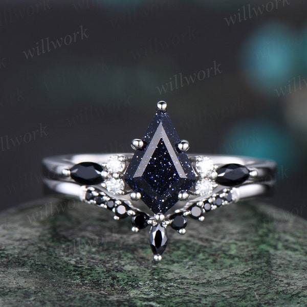 Galaxy kite blue sandstone emerald engagement ring set solid 14k white gold marquise black stone ring set women bridal set jewelry