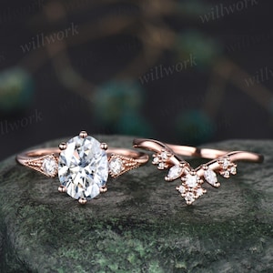 Vintage style 2ct oval moissanite engagement ring set rose gold three stone art deco cluster diamond wedding bridal ring set women jewelry