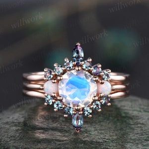 Natural round moonstone ring rose gold three stone opal ring women alexandrite ring vintage unique engagement ring stacking bridal set gift