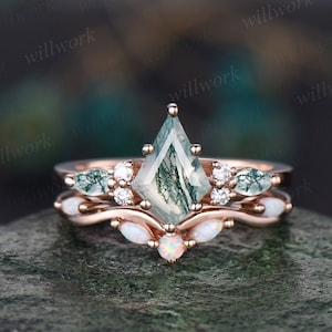 Kite cut green moss agate engagement ring 14k rose gold marquise cut ring diamond opal ring women unique anniversary ring set jewelry gift